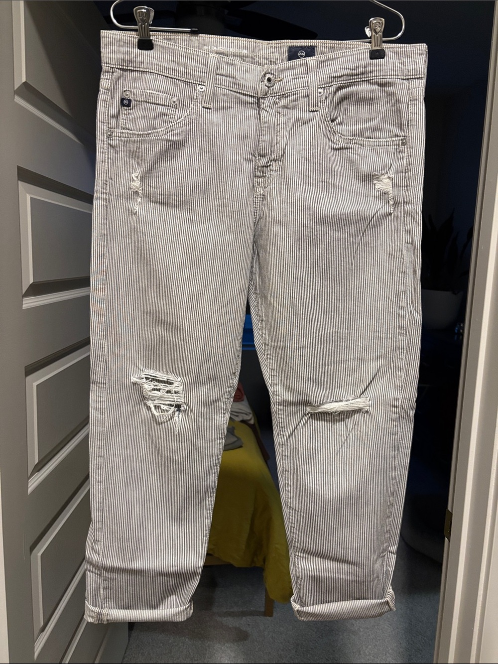 AG Adriano Goldschmied White and Blue Pinstripe Slouchy Slim Boyfriend Jeans